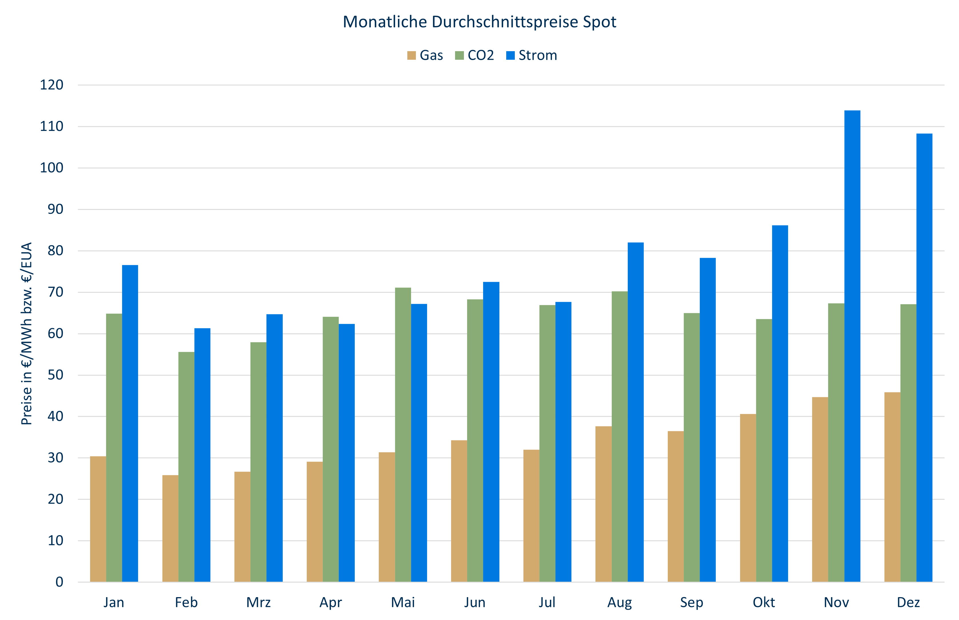 Monatliche Durchschnittspreise Energiemarkt Deutschland 2024